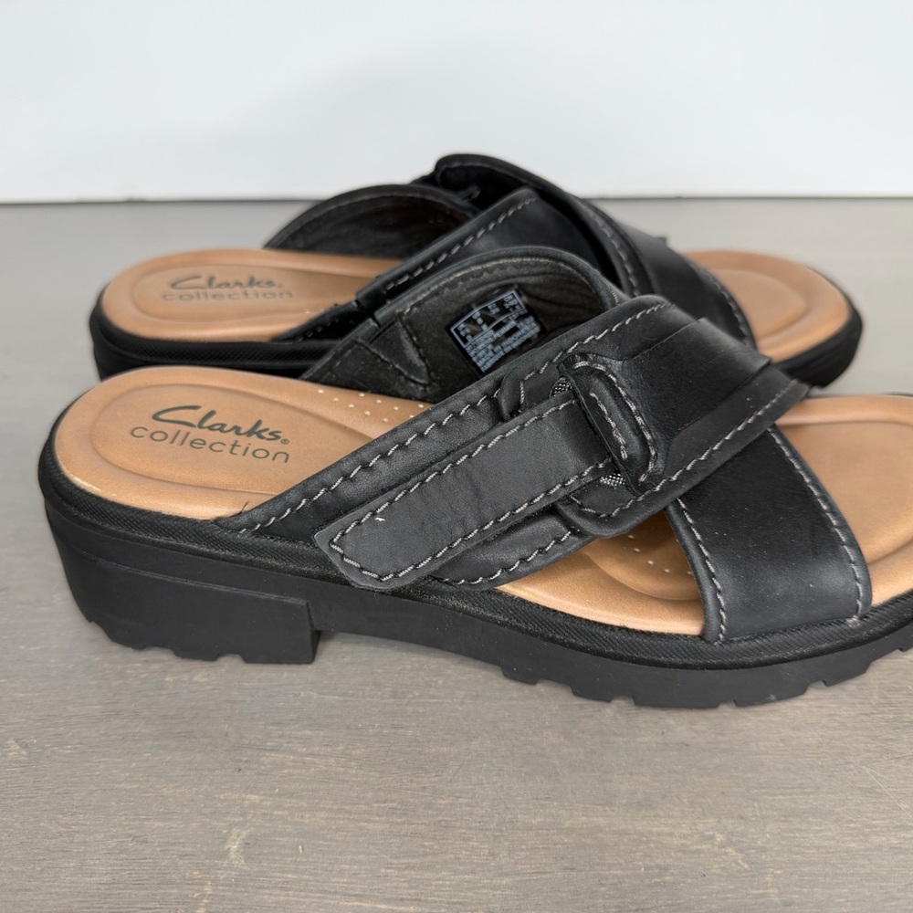 Clarks Black Leather Cross-Strap Slide Sandals Size 8 - Picture 5 of 8
